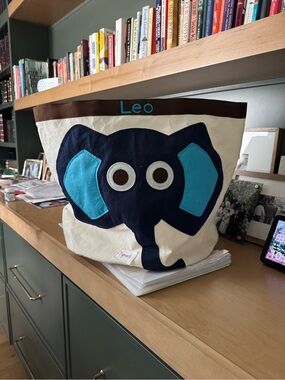 Canvas Elephant Storage Bin in Cream and Navy